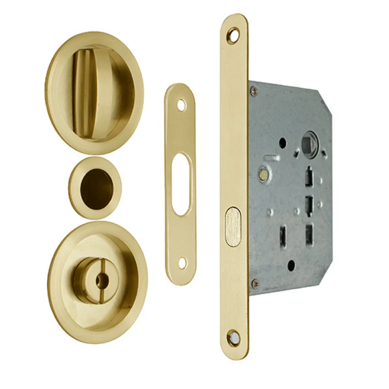 Kit pour porte coulissante, avec serrure à mortaiser, verrou et tire-doigts ronds, en finition laiton satiné