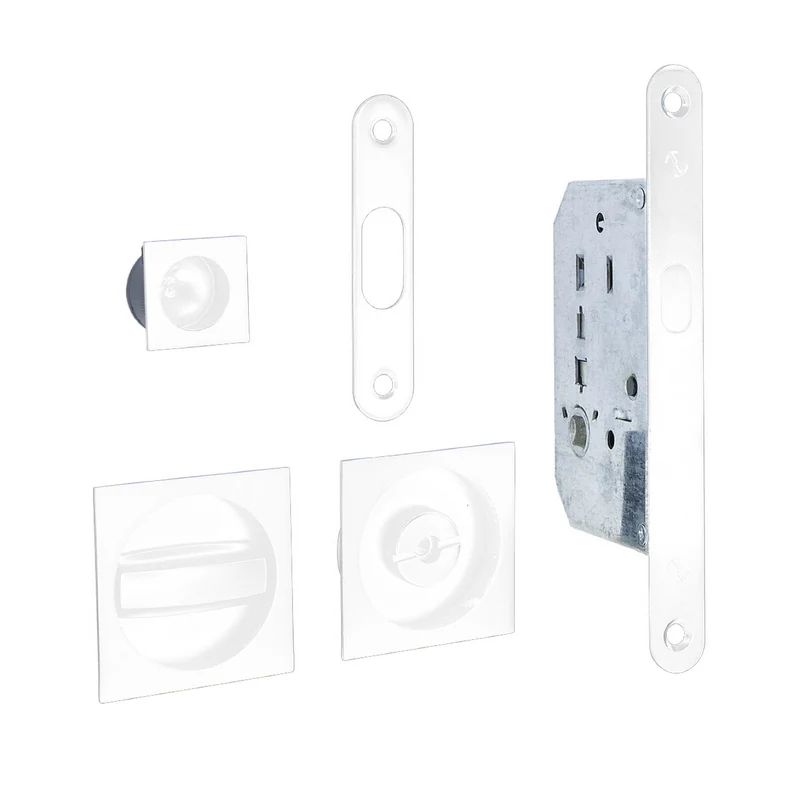 Kit pour porte coulissante avec verrou et tire-doigt carré en finition blanche
