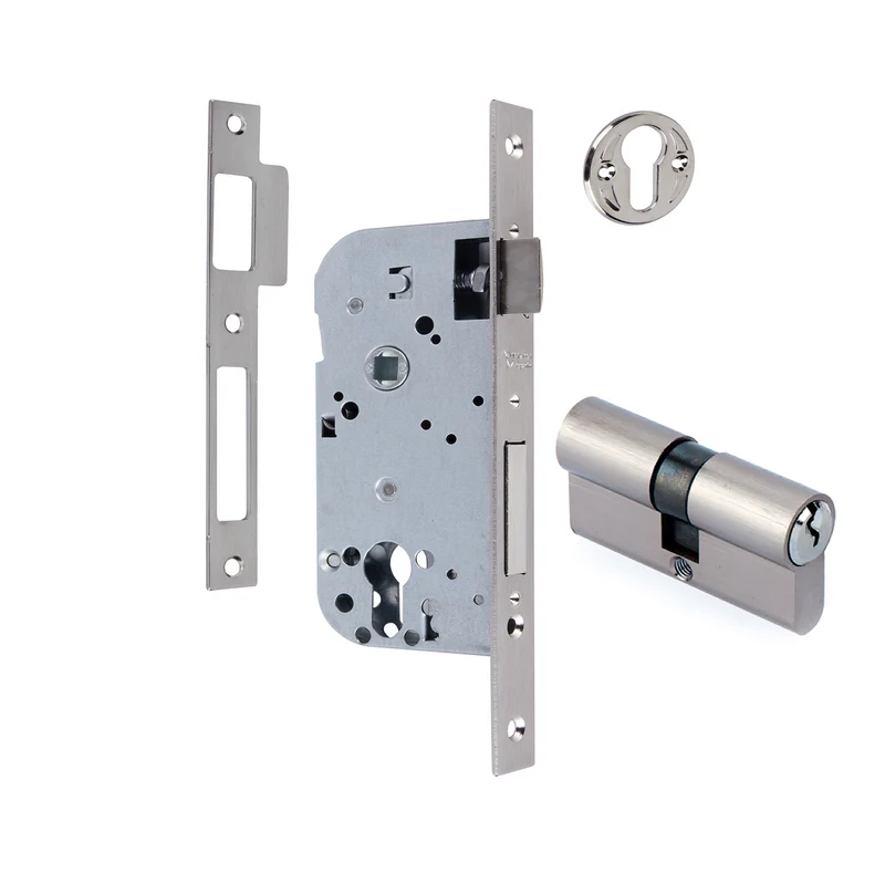 Serrure à mortaiser de 70 mm d'entraxe et 40 mm de tirage axe/têtière, à bouts carrés, en nickel satiné