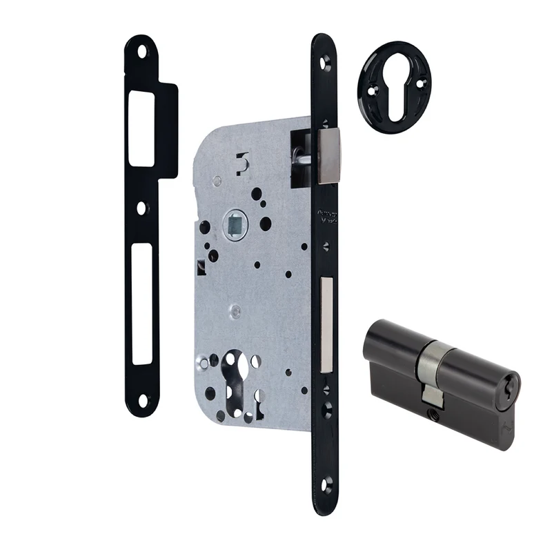 Serrure à mortaiser axe 70 mm et carré de 50 mm, têtière arrondie noire