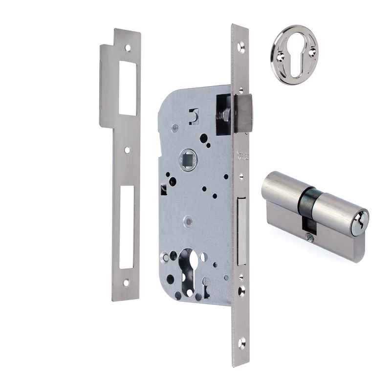 Serrure à mortaiser de 60 mm pour cylindre européen, têtière plate, entraxe de 85 mm, finition nickel satiné