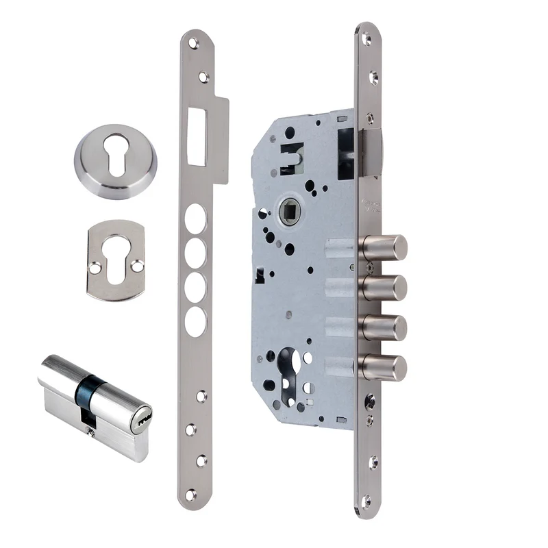 Serrure de sécurité à 4 pênes ronds de 60 mm en acier nickel satiné
