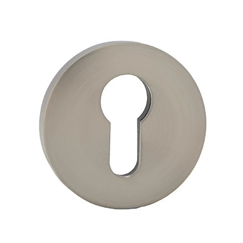Rosace ronde avec entrée de clé piriforme en finition nickel mat et base en nylon pour cylindres