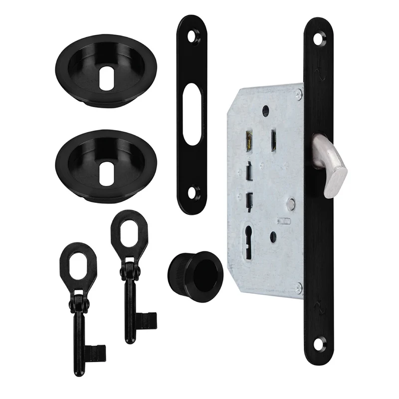 Kit pour porte coulissante en finition noire avec 2 clés de sécurité incluses