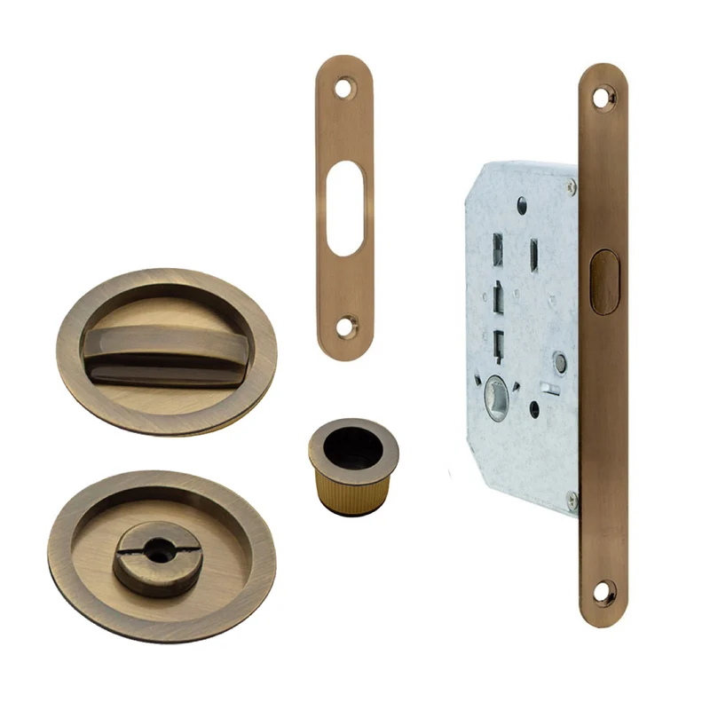 Kit pour porte coulissante, avec serrure à clé, verrou et poignées encastrées rondes, finition cuir
