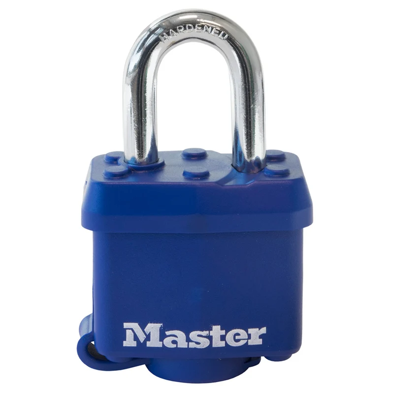 40mm wide covered laminated steel pin tumbler padlock; blue