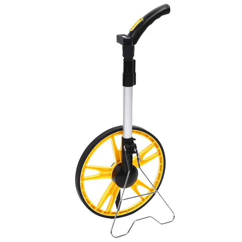 Digital Measuring Wheel With Telescopic Handle For Contractors And Surveyors Showing Straight Up Exact Readings Switching Between Metric And Imperial Units Tough As Nails Aluminum Frame Slick Rolling Rubber Digital Display