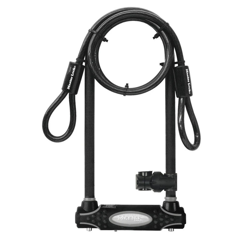 11cm wide hardened steel u lock with 28cm shackle length with 1,2m long x 10mm diameter end looped cable; black