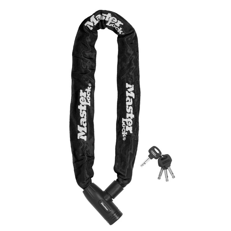 90cm long x 8mm diameter hardened steel chain with integrated keyed lock; black