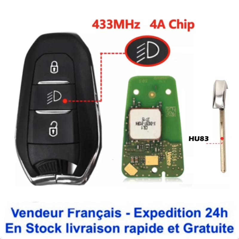 Clé Télécommande Peugeot Main Libre Peugeot 308 208 5008 2008 3008 3 boutons 4A AES Keyless Go