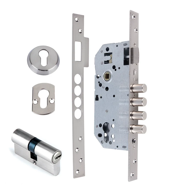Serrure de sécurité de 50mm à têtière plate avec 4 pênes ronds en acier finition nickel satiné