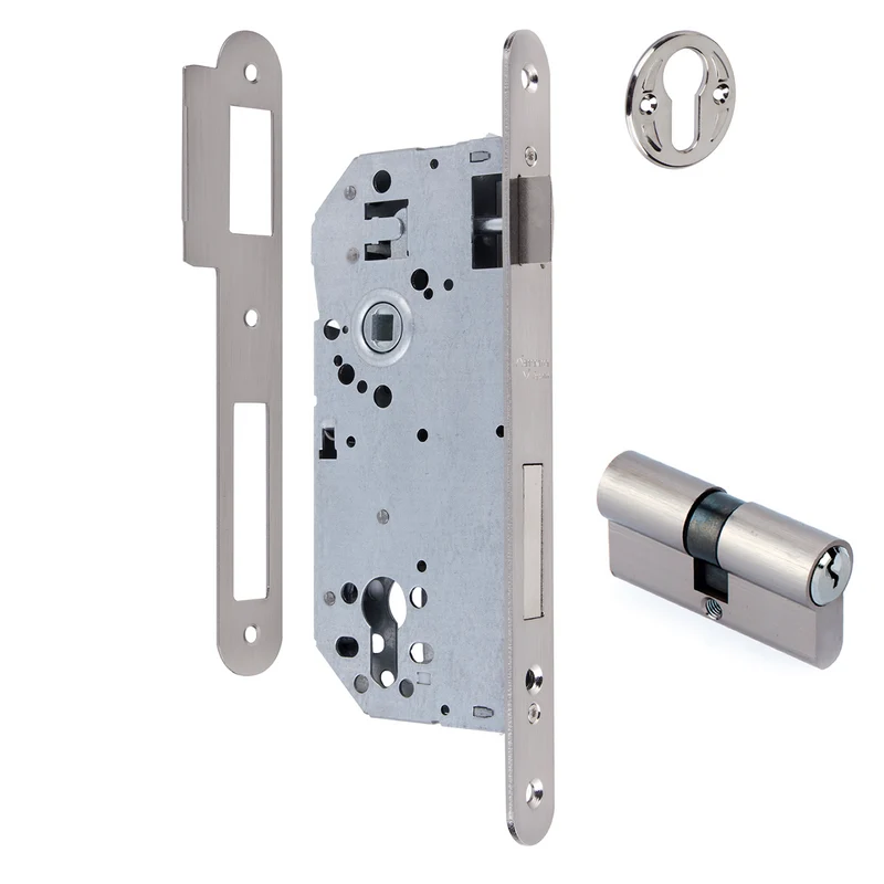 Serrure à encastrer de 50mm pour cylindre européen, têtière bouts ronds, entraxe de 85mm, finition nickel satiné