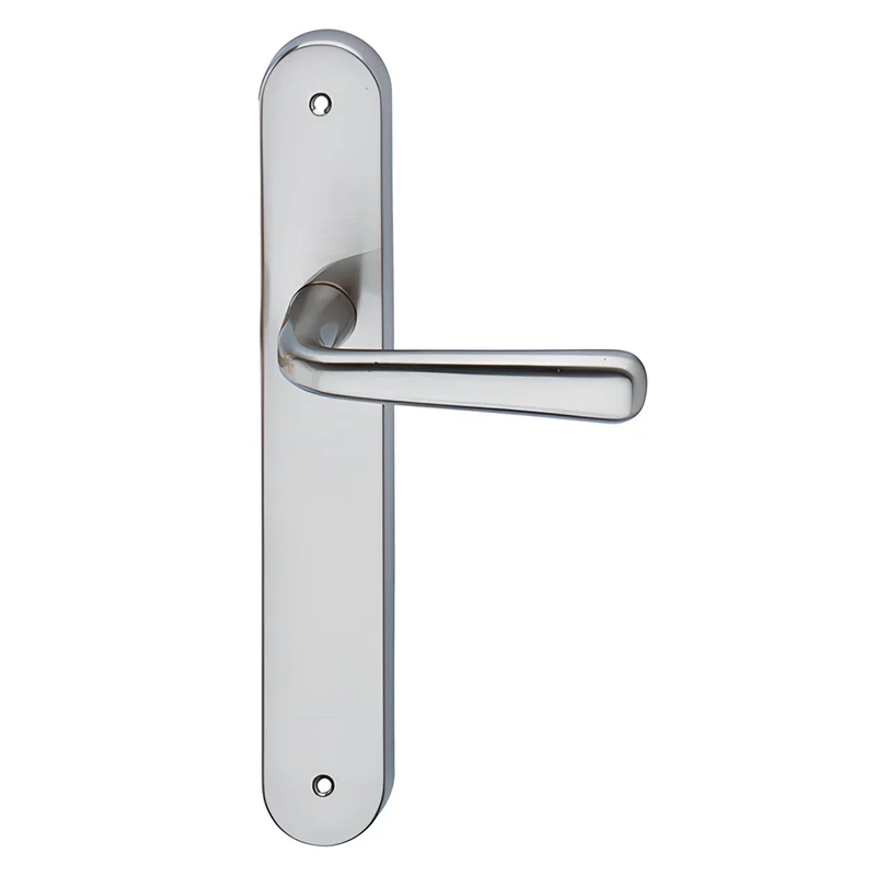 Poignée de porte modèle "101" en zamak, sur plaque ovale, finition nickel satiné