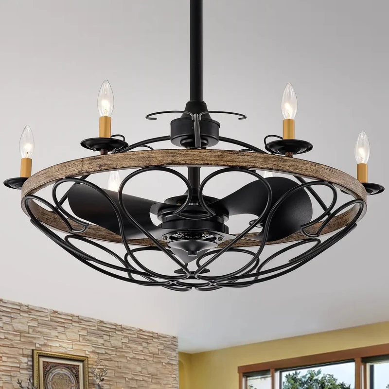 Top Tier Matte Black Six Light Fandelier Ceiling Fan With Imitation Wood Grain Accents Bringing Straight Fire Sophistication Plus Chill Ambient Airflow To Any Living Space Or Bedroom