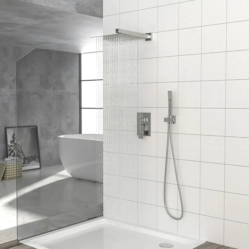Wall Mounted Square Rainfall Shower System With Heavy Duty Stainless Steel And Rock Solid Brass Frame Featuring Slick Brushed Nickel Finish Adjustable Water Flow And Snazzy Handheld Combo For Your Sweet Bathroom Upgrade