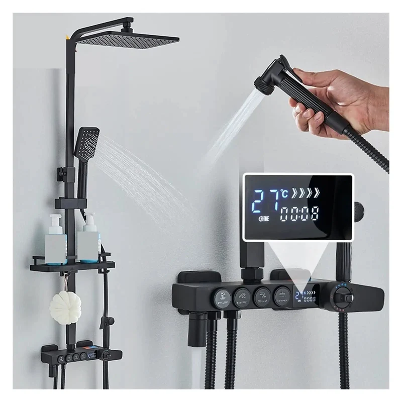 Slick Black Digital Thermostatic Shower Kit With A Badass Rainfall Head And Smooth Hydropower LCD Interface For Tub Or Bidet Upgrades That Feel Pretty Darn Good