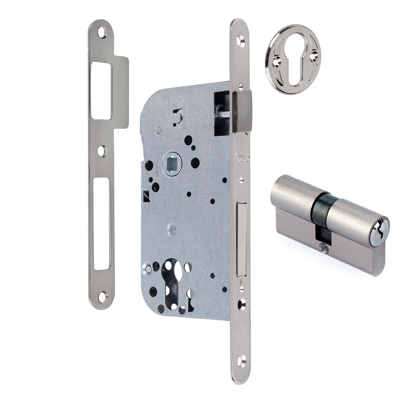 Serrure à encastrer entraxe 70, axe à 50 mm, à bout rond, finition nickel satiné
