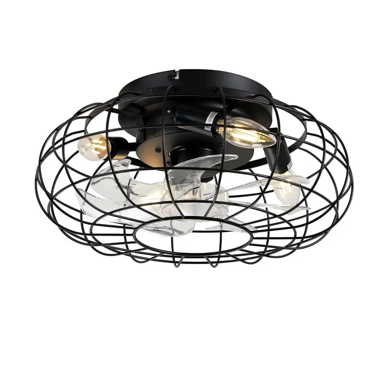 15 Point 7 Inch Flush Mount Cage Ceiling Fan With Built In Glow, Industrial Matte Black Wire Build, Reversible Dc Motor With Smart Remote, No Fuss Setup And Top Shelf Performance For Bedroom Kitchen