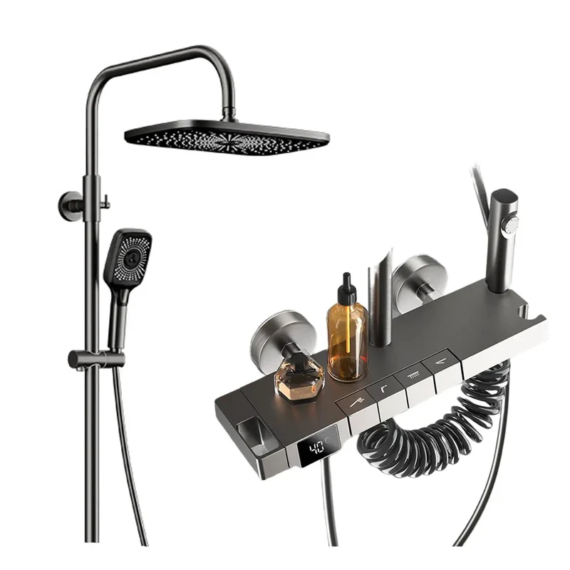 Solid Thermostatic Shower System With Digital Temp Control Four Function Faucet Set Featuring Handheld Sprayer And Waterfall Tub Spout For A Hassle Free Bathroom Setup That Hits Different Every Single Day
