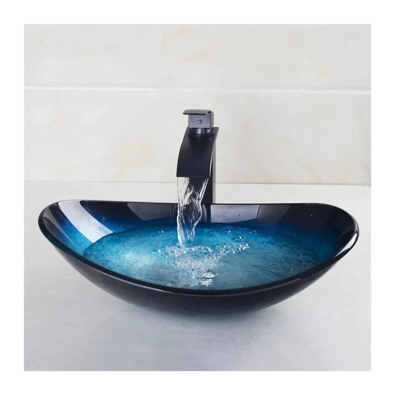 Slick Tempered Glass Vessel Washbasin With Crisp Modern Base Design And Easy Wipe Surface Killer Vanity Faucet Set For Fresh Bathroom Reno Smooth Stylish Home Accent Piece Premium