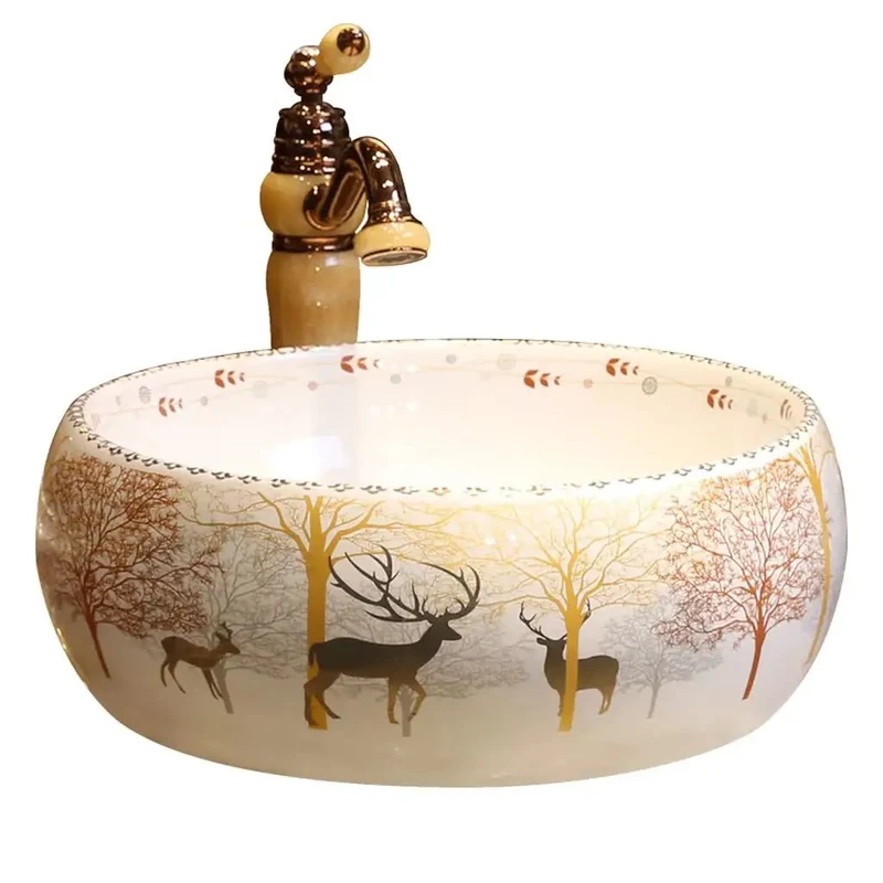 Absolute Stunner Ceramic Vessel Sink For Bathroom Countertop Modern Nordic Round Washbasin Comes With Faucet Gorgeous Forest Art Pattern Levels Up Your Entire Setup