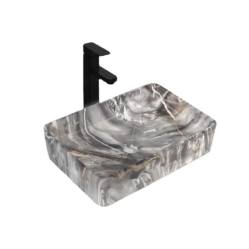 Square Ceramic Vessel Bathroom Sink Featuring Realistic Marble Veining Modern Countertop Wash Basin Swoon Worthy Vanity Bowl For Master Baths Smooth Ceramic Glaze Effortless Maintenance Durable Build
