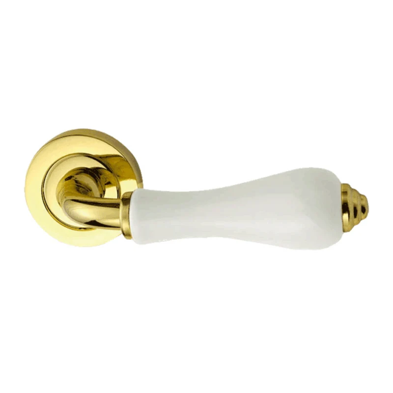Poignée modèle '8201' en laiton avec rosace ronde finition dorée brillante et porcelaine