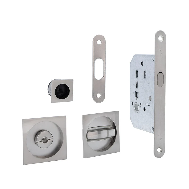 Kit pour porte coulissante avec verrou et tire-doigt carré en finition nickel satiné