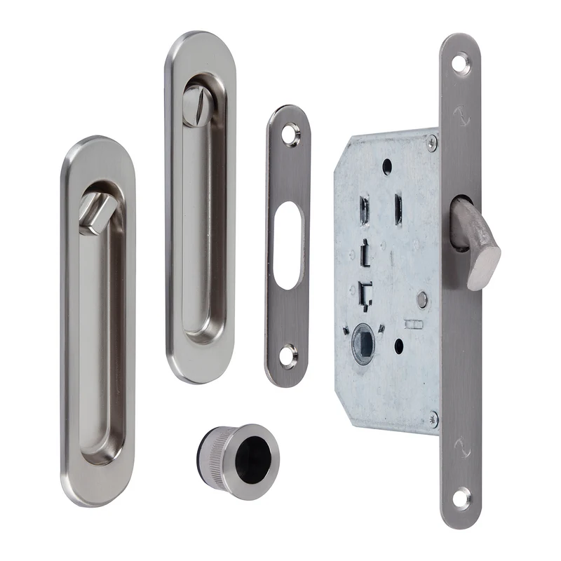 Kit pour porte coulissante, poignée tournante avec condamnation et cuvettes ovales en finition nickel satiné