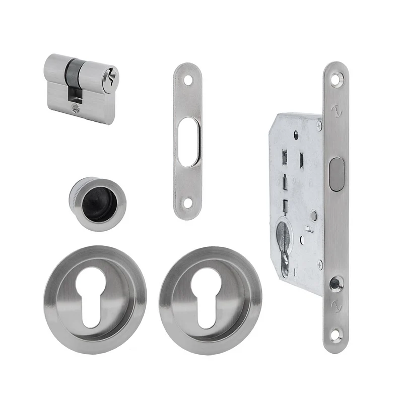 Kit pour porte coulissante avec cylindre finition nickel satiné