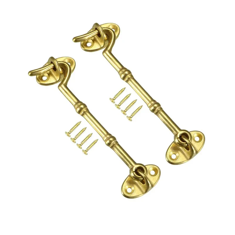 Premium Brass Hook And Eye Latch For Gate Cabin Door Window With Screws Heavy Duty Secure Locking Hardware No Sweat Setup Rock Solid Grip Golden Finish Top Shelf Quality 2 Pack