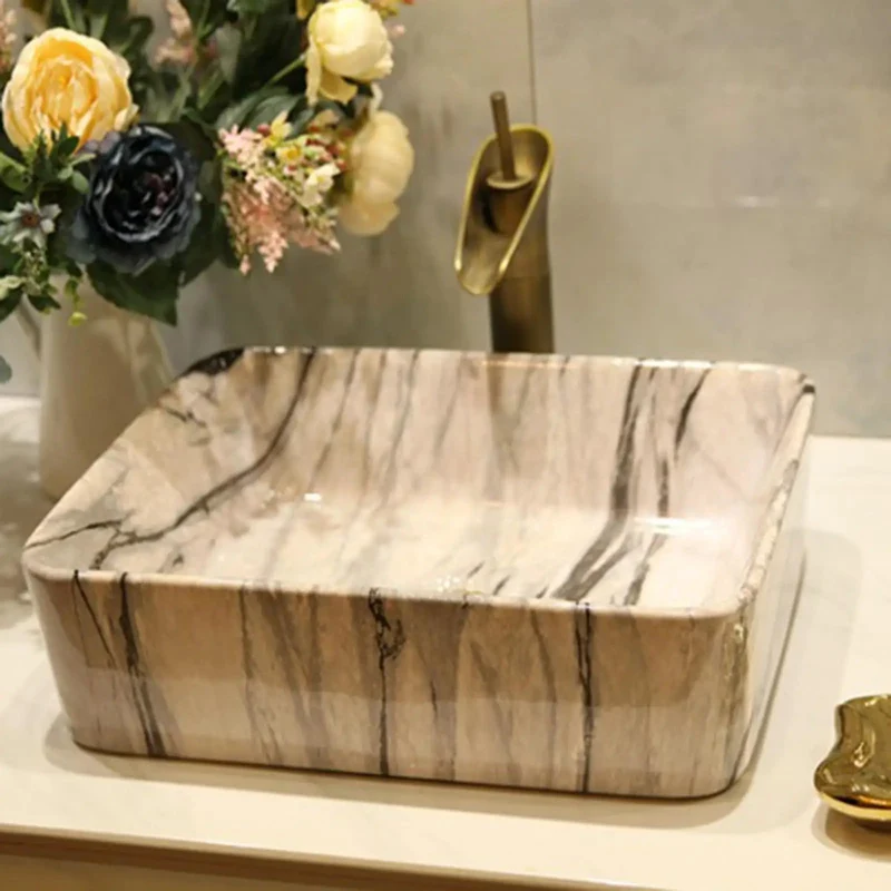 Professional Grade Rectangular Ceramic Vessel Sink With Slick Marble Veining And Complete Faucet Kit Hassle Free Countertop Setup For Show Stopping Bathroom Vanity