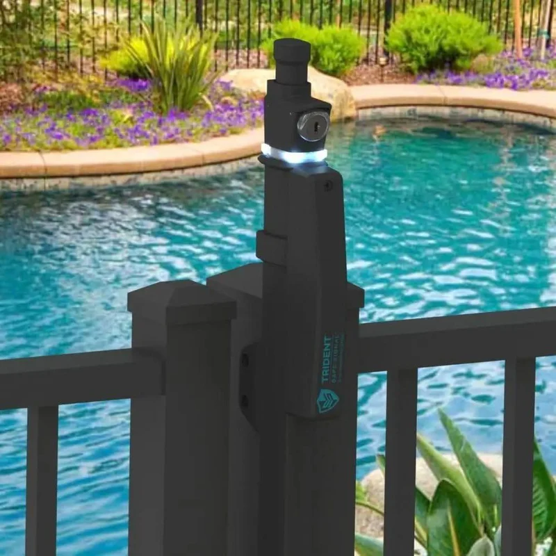 Rock Solid 20 Inch Magnetic Pool Latch With Dual Alarms And Beacon Lights To Lock Down Your Swim Area Auto Clicks When Gate Swings Wide Open Upgraded Knobs Make It A Cinch For Parents While Shutting Out Tiny Toddlers Near Pools