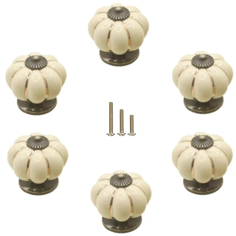 Super Slick Vintage Ceramic Pumpkin Cabinet Knobs 6 Piece Set, Straight Up Ivory White Drawer Pulls For Kitchen Cupboards Dressers And Bathrooms, Dang Fine Rustic Home Hardware