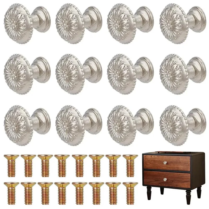 16 Piece Vintage Silver Flower Embossed Drawer Knobs For Kitchens And Dressers Compact Round Metal Pulls With Matching Screws Lowkey Premium Hardware To Refresh Your Setup Fast