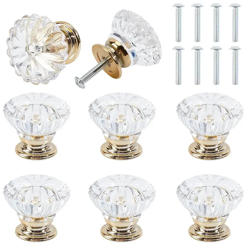 Upgraded Acrylic Crystal Cabinet Knobs And Drawer Pulls Featuring Slick Golden Diamond Cut Single Hole Furniture Hardware Kit Includes Heavy Duty Mounting Screws For Your Next Room Glow Up