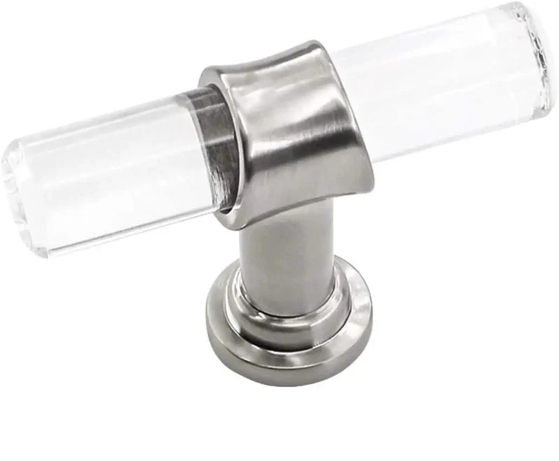Sleek Clear Acrylic Cabinet Knobs With Brushed Nickel Bases Offer A Two Inch Single Hole Pull For Kitchen Cupboards, Dressers, Closets, And Bathroom Vanities. This Bang For Your Buck Twenty Five Pack Uses Hella Solid Zinc Alloy Backing.