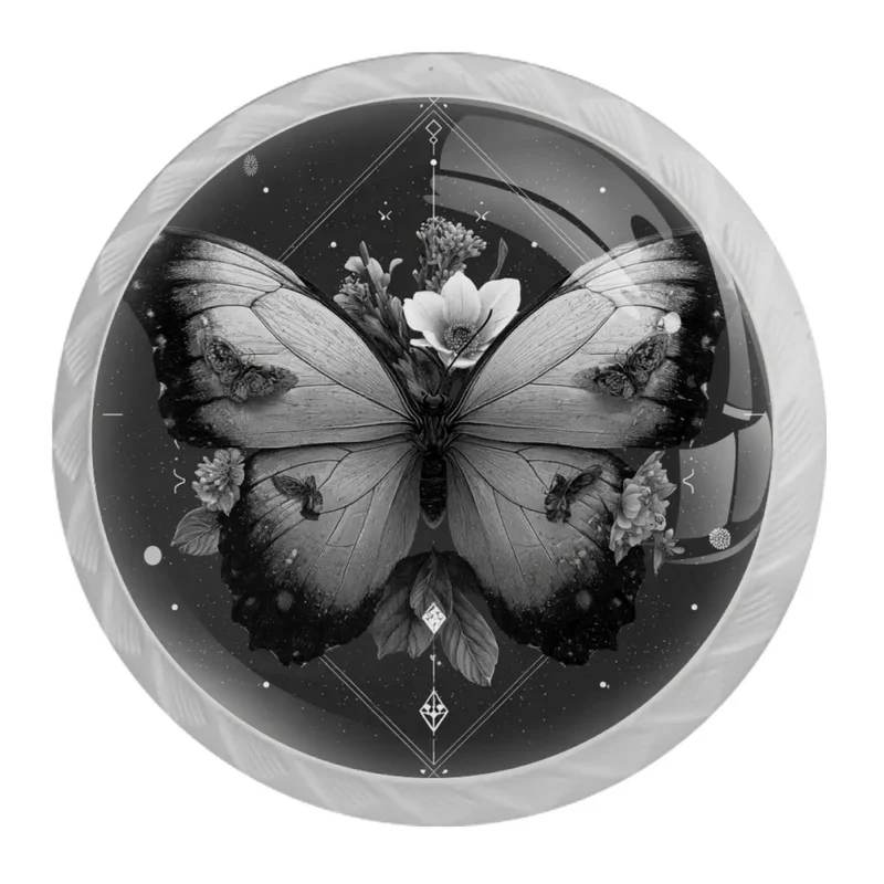 4 Pcs 1.37 Inch Round Glass Cabinet Knobs Black Butterfly Design Top-Shelf Quality With No Sweat Assembly Stainless Steel Screws For Kitchens Dressers And Home Decor Game-Changers