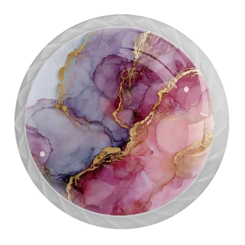 Four Pack Of One Point Three Seven Inch Round Cabinet Knobs Pink Marble Slick White Design Premium Glass Build Durable Stainless Steel Screws Included Top Shelf Kitchen Drawer Pulls Smooth Dresser Handles Fresh Home Decor Upgrade For Any Room