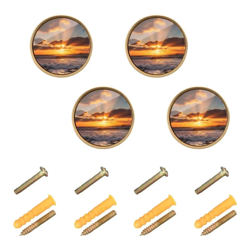 Sunset Ocean Gold Cabinet Knobs 2 In 1 Acrylic Drawer Pulls Featuring Game Changing Wall Hardware Heavy Duty Build For Kitchen Cupboards And Dressers Comes As A Straight Up 4 Pack With Screws Included