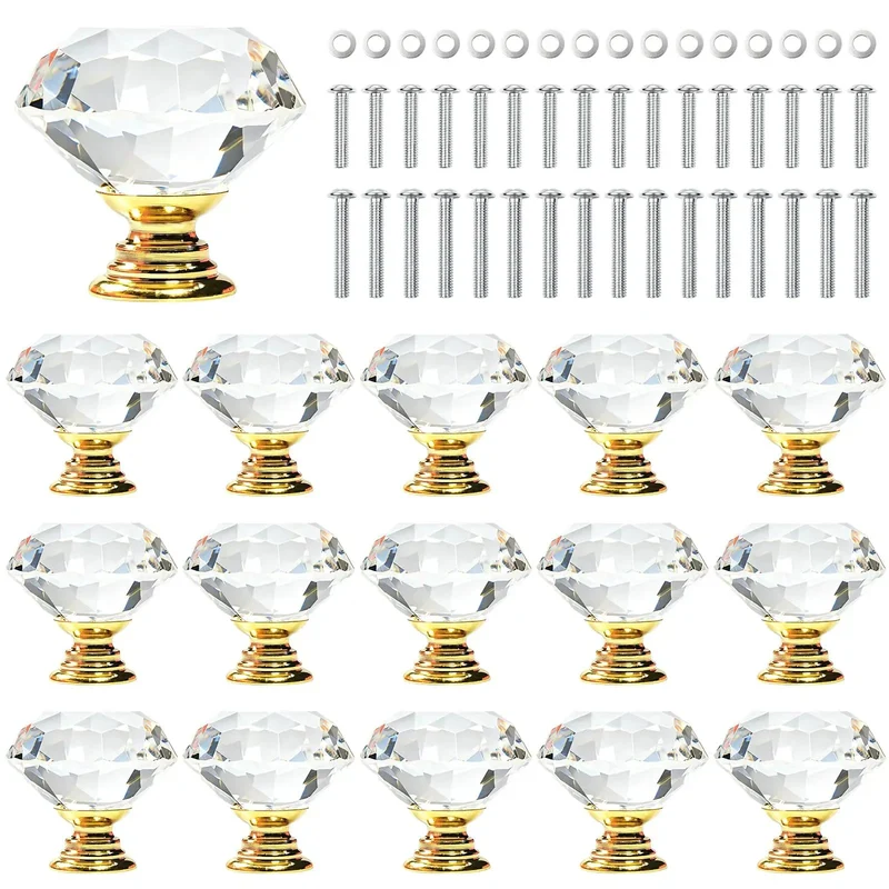 16 Pack Slick Crystal Cabinet Knobs With 30mm Diamond Glass Pull Handles And Polished Gold Base, Clear Dresser Knobs For A Fresh Home Vibe Upgrade, Includes Long And Short Screws