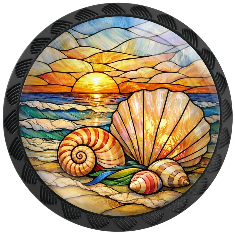Laid Back Coastal Sunset Beach Shell Cabinet Knobs Four Pack For Kitchen And Bathroom Hardware With Nautilus Scallops Stained Glass Vintage Nautical Drawer Pulls For Fresh Home Refresh And Chill Vibes