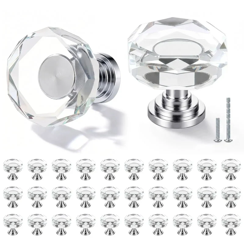 30 Pack Sparkling Clear Glass Cabinet Knobs 1 1/4 Inch Silver Polygon Drawer Pulls Kitchen Cupboard Hardware Shiny Mirror Finish Modern Bathroom Vanity Decoration Transparent Crystal Look Polished Metal Base Super Chic Vibe Total Makeover Essential For