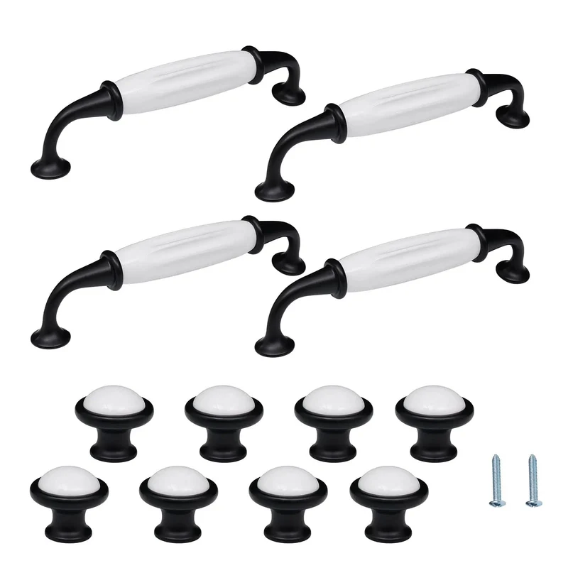 Slick Farmhouse Cabinet Knobs And Pulls Set 12 Piece Hardware Kit Featuring 5 Inch Center To Center Spacing White Ceramic Centers And Matte Black Alloy Bases Total Game Changer For Drawers Vanities And Dressers