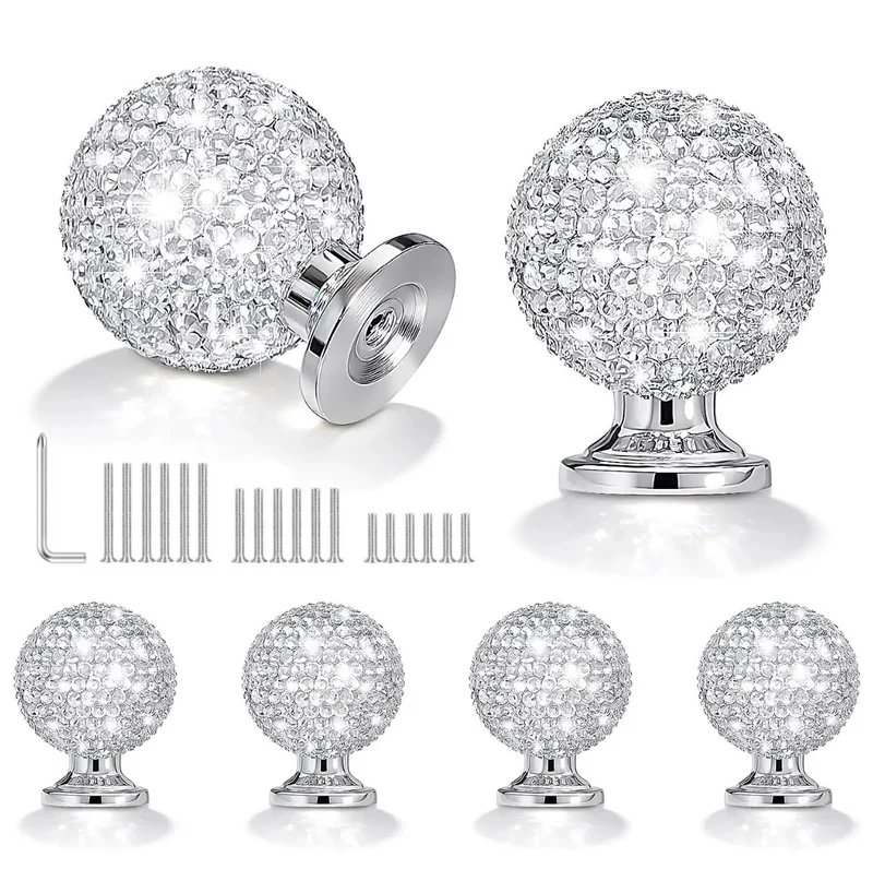 Six Pack White Sphere Drawer Knobs Featuring Dazzling Glass Rhinestones And A Sleek Premium Silver Finish To Level Up Your Kitchen Drawers And Bedroom Vanities