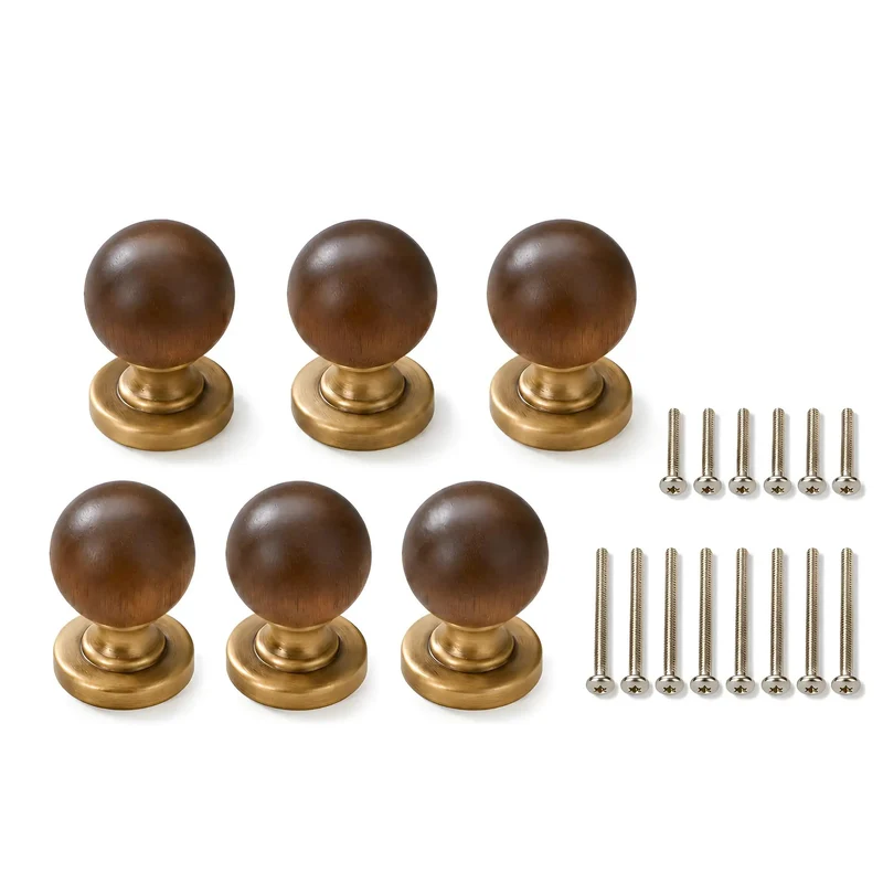 The Real Deal Natural Walnut And Antique Brass Cabinet Knobs Six Pack Hella Sturdy Round Ball Handles For Kitchen Drawers Swingin Smooth Daily Easy Peasy Install For Home Renovations