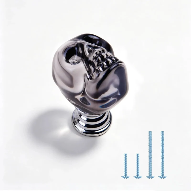 Sick Badass Crystal Skull Drawer Knobs Four Pack Heavy Duty Glass Cabinet Pulls Handle Gray Gothic Statement Piece For Dresser And Halloween Decor