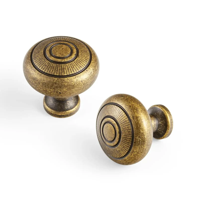 Real Deal Antique Brass Cabinet Knobs 1 1/4 Inch Round Sunburst Design, Premium Vintage Hardware For Cabinets, Heavy Solid Feel, Timeless Gold Patina, 6 Piece Set For Quick Upgrade.
