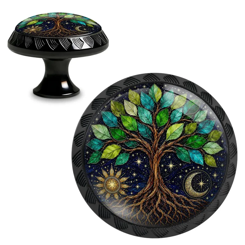 Slick Tree Of Life Sun And Moon Cabinet Knobs 4 Pack, Hella Pretty Crystal Glass Drawer Pulls With Stained Glass Leaves, Top Shelf Celestial Wardrobe Handles For Dressers And Cupboards