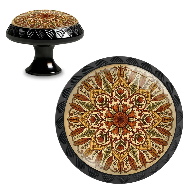 Yellow Mandala Flower Cabinet Knobs Four Pack Boho Floral Glass Drawer Pulls Round Closet Hardware For Dresser Kitchen Cupboards And Wardrobe Doors Top Shelf Home Refresh Fixer Upper Kit